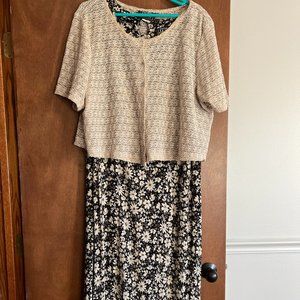 Black dress with tan flowers, cropped lacy jacket. Size 16